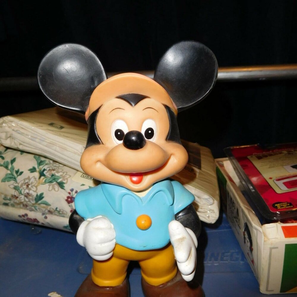 VINTAGE Walt Disney World park vinyl Mickey mouse doll + 1970s bumper stickers
